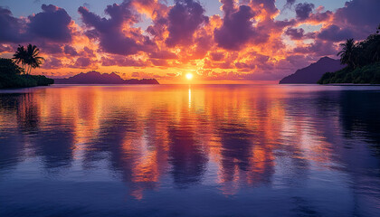 Vibrant Tropical Sunset Over Calm Ocean Water