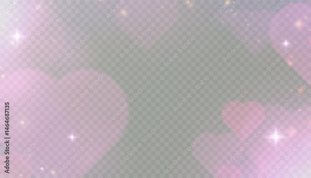 Poster soft pink bokeh hearts with glowing sparkles on transparent background. romantic abstract overlay fo