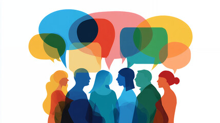 abstract human silhouettes with overlapping colorful speech bubbles, symbolic communication and discussion concept, vivid transparent illustration of social interaction and idea exchange