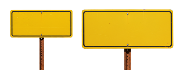 Blank yellow traffic signs for roadside safety and navigation directional signage design isolated on a transparent background