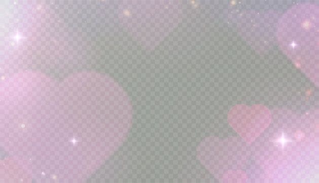 Soft pink bokeh hearts with glowing sparkles on transparent background. Romantic abstract overlay for Valentine’s Day, wedding invitations, love-themed design or festive decoration.

