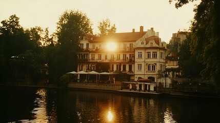 Warm Sunset over Riverside Building in European City