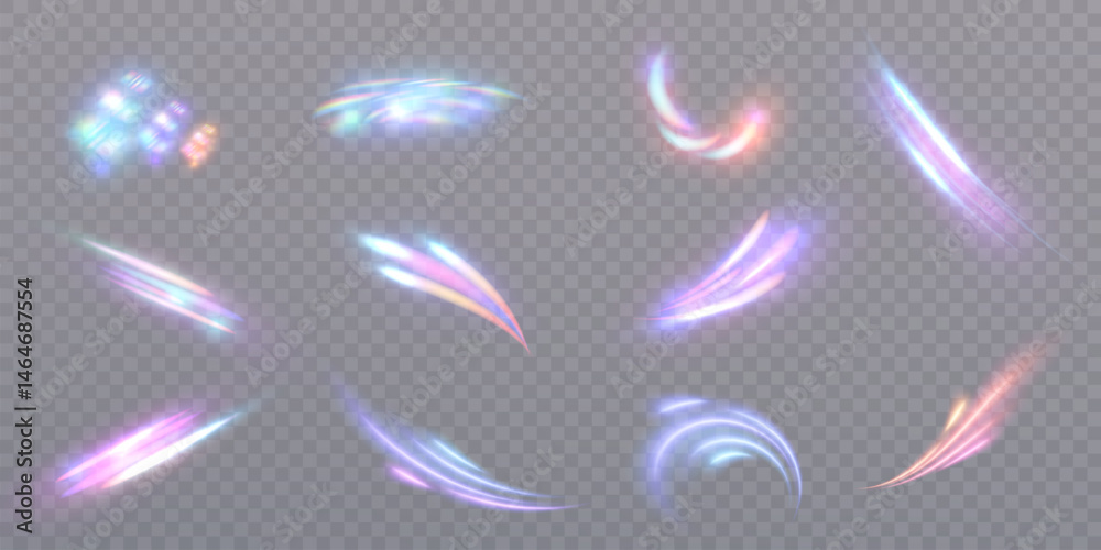 Aufkleber colorful glowing light trails and lens flares with rainbow highlights on transparent background. dyn
