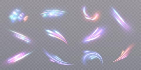 Colorful glowing light trails and lens flares with rainbow highlights on transparent background. Dynamic visual effects for futuristic HUDs, magic animations, fantasy games. © MAKSYM