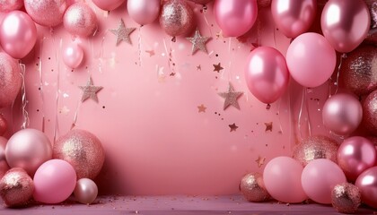 pink birthday party background with balloons and stars