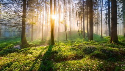 beautiful nature at morning in the misty spring forest with sun