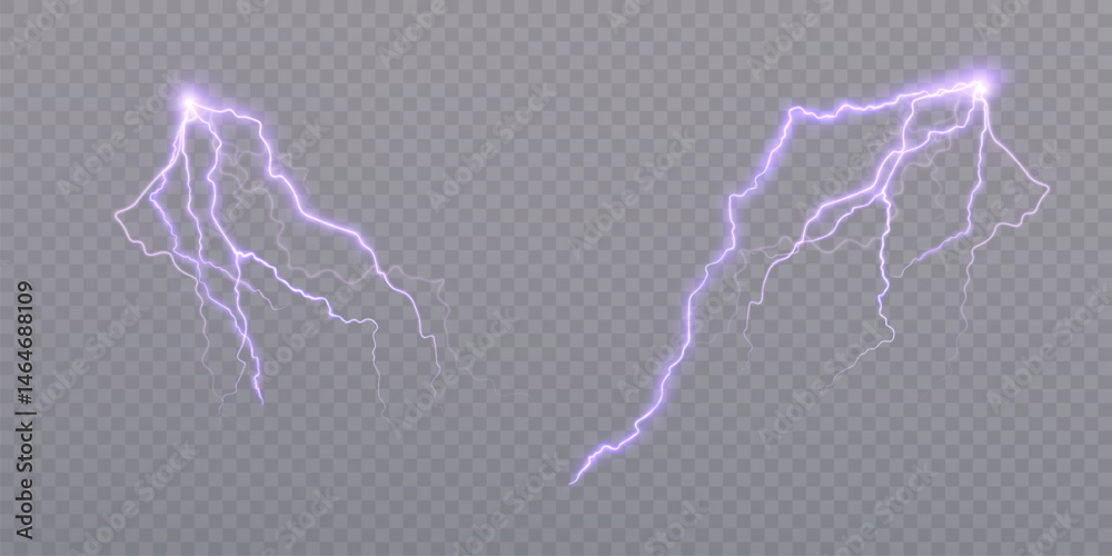Fototapete vivid purple lightning bolts on transparent background. isolated lightning elements for magical or f