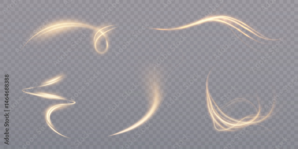 Poster Set of glowing curved golden light paths with glitter on transparent background. Dynamic glowing swirls and arcs for motion design, magic effects. Vector