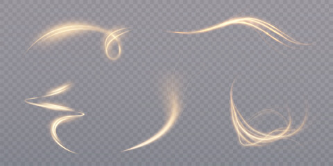 Set of glowing curved golden light paths with glitter on transparent background. Dynamic glowing swirls and arcs for motion design, magic effects. Vector