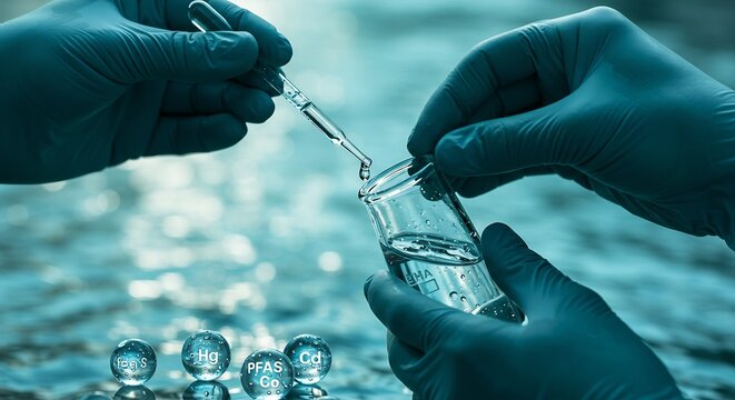 Water Pollution Analysis: Scientists in Gloves Conduct Environmental Testing with Pipette and Test Tubes, Showing Mercury, PFAS, Cadmium and other Chemical Symbols.