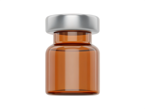 Small amber glass vial with transparent liquid, silver aluminum cap and rubber stopper isolated on white background PNG