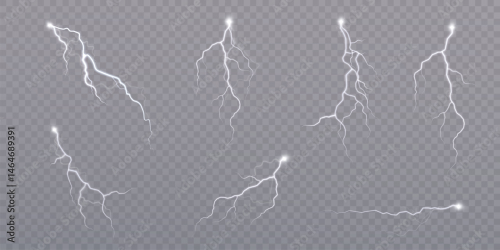 Poster set of realistic white lightning bolts with glowing edges on transparent background. designed for we