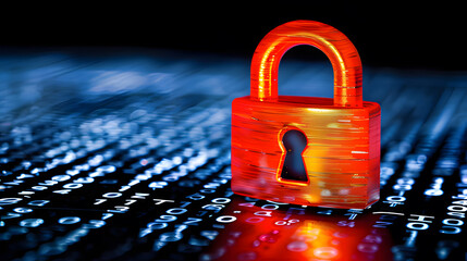 Glowing red padlock on dark digital interface symbolizing cryptocurrency security breach, blockchain technology concept for cyber security and data protection.