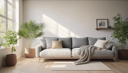 Helles skandinavisches Wohnzimmer mit minimalistischer Einrichtung