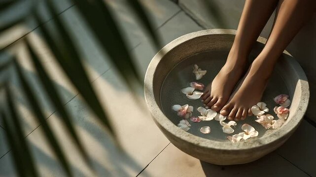 Relaxing Foot Soak in a Natural Stone Basin with Floating Petals