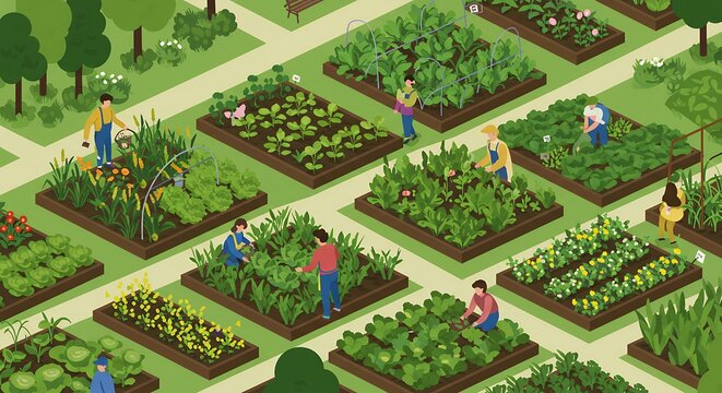 Colorful Community Garden Scene with People Working