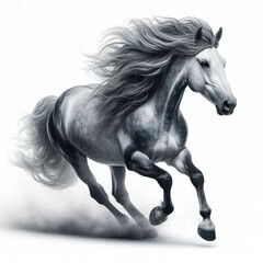 Horse 2026. A horse with flowing hair running across a dusty surface, creating a cloud of dust behind it. The horse's mane is long and flowing, and its legs lift the ground as it moves.