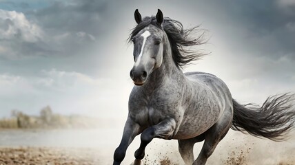 Horse 2026. A horse with flowing hair running across a dusty surface, creating a cloud of dust behind it. The horse's mane is long and flowing, and its legs lift the ground as it moves.