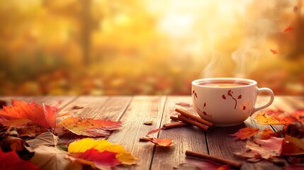 A steaming cup of chai tea on a wooden table surround by autumn leaves