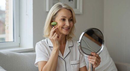 Mature woman using jade roller for facial massage. Home skincare routine with mirror and white pajamas. Anti-aging and self-care concept. Natural beauty treatment. Horizontal banner