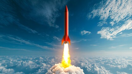 Red rocket launching into a vibrant sky.