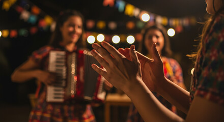 Homem tocando acordeão em uma celebração de Festa Junina, com pessoas dançando, aplaudindo e sorrindo ao fundo, sob bandeirinhas coloridas e luzes festivas