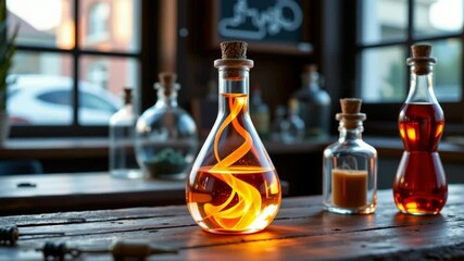A glowing orange swirling liquid fills a corked glass flask on a rustic wooden table, surrounded by other laboratory bottles. - Powered by Adobe