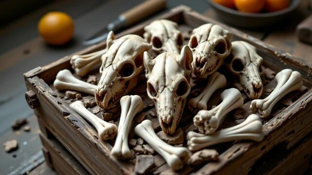 Animal skulls and bones are arranged in a rustic wooden box, creating a macabre and naturalistic display.