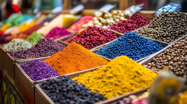 A vibrant photo of a traditional market stall selling