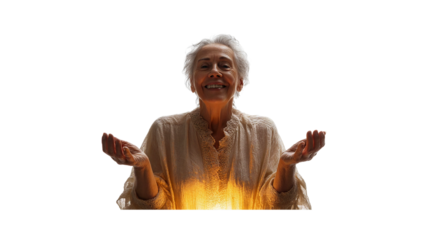 Senior woman smiling with open hands and glowing light effect for spiritual or magical concept image on transparent background