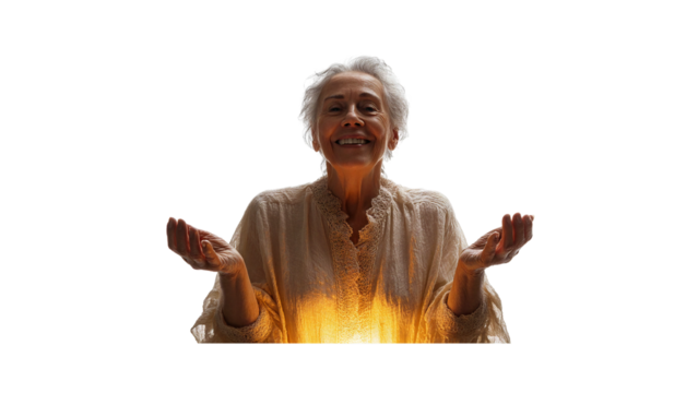 Senior woman smiling with open hands and glowing light effect for spiritual or magical concept image on transparent background