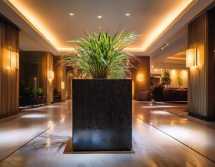 matte black cubic fiberstone planter placed in an elegant hotel lobby at night warm overhead lighting casting soft glows blurred luxury decor and marble flooring in the background ultra sharp