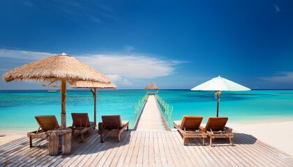 tropical beach with lounge chairs parasols and pier in the turquoise sea
