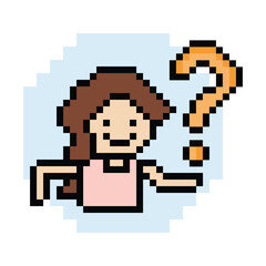 Obraz premium Cute pixel cartoon character woman with question mark decoration 8 bit female girl lady confused idea question mark think questionnaire choose cartoon pixel game 8bit png vector.