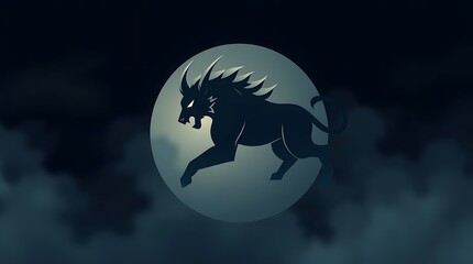 Soft, dreamy atmosphere, modern flat design Cerberus vector logo, dark underworld background, simple two-dimensional shapes, hazy soft light