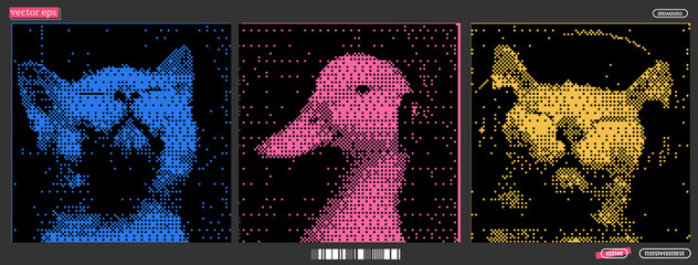 Colorful digital collage featuring a cat and a duck enjoying music in a pixelated style with vibrant hues and artistic flair © Artem