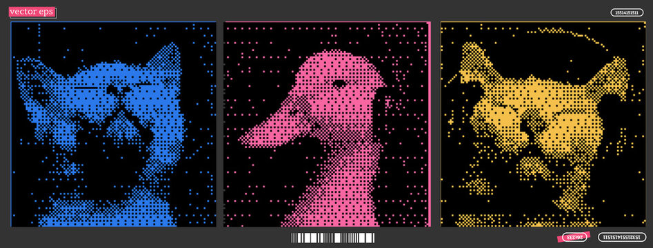 Colorful digital collage featuring a cat and a duck enjoying music in a pixelated style with vibrant hues and artistic flair