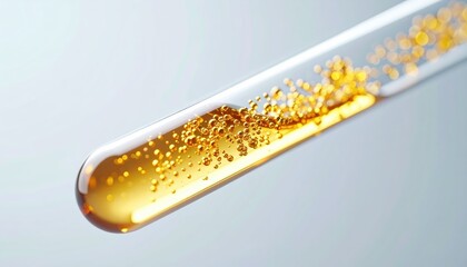 Close up view of a glass test tube filled with a golden liquid containing many small bubbles Scientific research concept