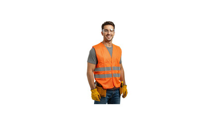 Construction worker safety gear portrait smiling man wearing vest and glasses isolated on black background on transparent background