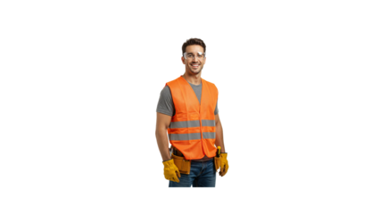 Construction worker safety gear portrait smiling man wearing vest and glasses isolated on black background on transparent background