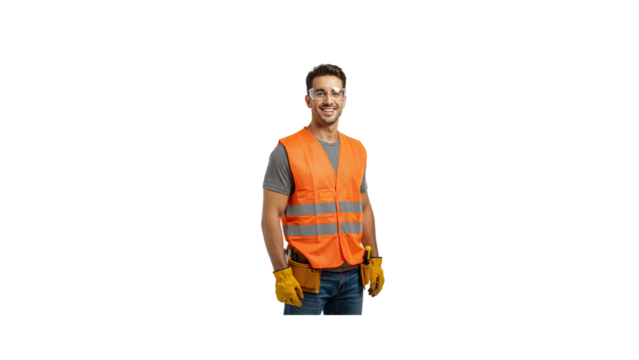 Construction worker safety gear portrait smiling man wearing vest and glasses isolated on black background on transparent background
