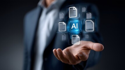 A businessman interacting with a virtual AR dashboard featuring multiple floating document icons labeled “AI”, symbolizing smart content creation and digital workflow.