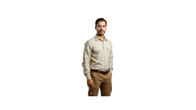 Man in tan work shirt and cargo pants standing isolated on black background studio shot full body portrait on transparent background