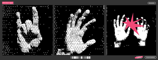 Creative exploration of hand gestures and expressions portrayed in a unique bitmap style connected through artistic representation