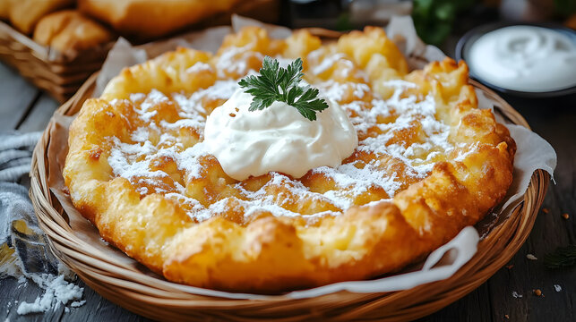 Delicious l&aacute;ngos in the market with sourcream and cheese. Langos is a traditional hungarian food deep fried flat bread with yeast dought
