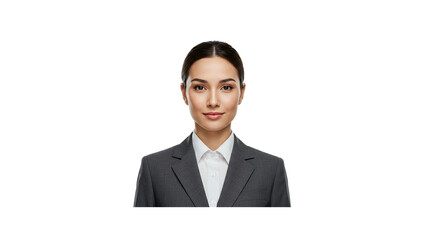 Professional business woman portrait in gray suit for corporate headshot and profile picture on black backdrop on transparent background