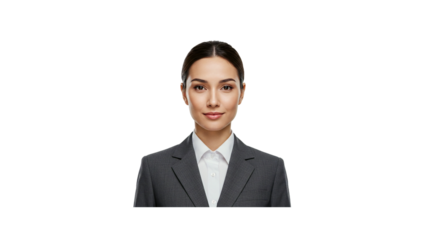 Professional business woman portrait in gray suit for corporate headshot and profile picture on black backdrop on transparent background