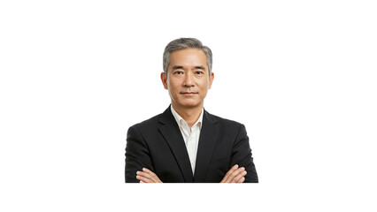 Professional headshot of asian businessman with arms crossed in suit for corporate website and profile picture on transparent background