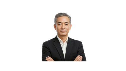 Professional headshot of asian businessman with arms crossed in suit for corporate website and profile picture on transparent background