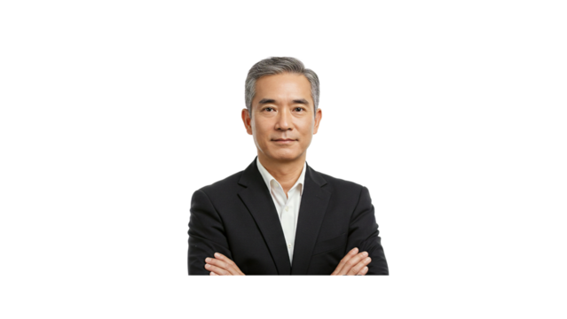 Professional headshot of asian businessman with arms crossed in suit for corporate website and profile picture on transparent background